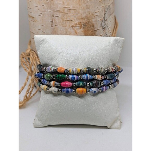 Four Strand Recycled Paper Beads Wire Heart Stretch Bracelet - Picture 2 of 3